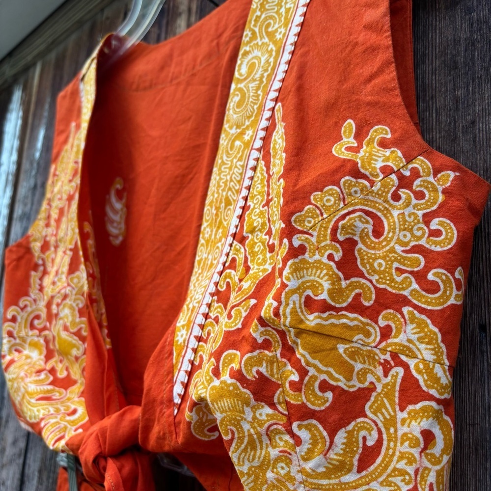 Bali Handmade Orange Gold Batik Top & Wraparound skirt. Vintage 1990’s size S - Picture 5 of 16
